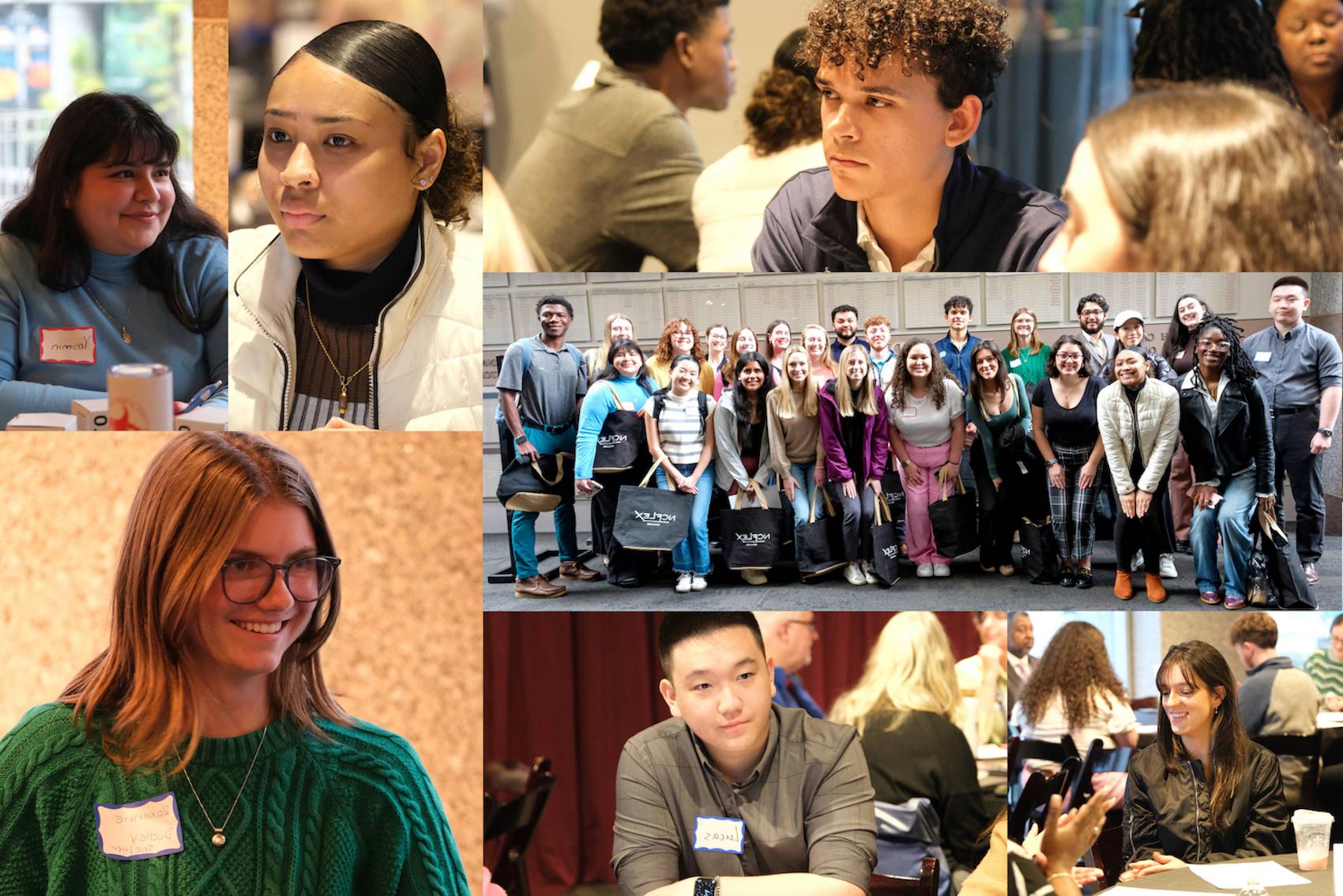 Seven-photo collage of students at a networking event called Career Treks. One of the seven photos is a posed group photo of students. The other six are of individual students)